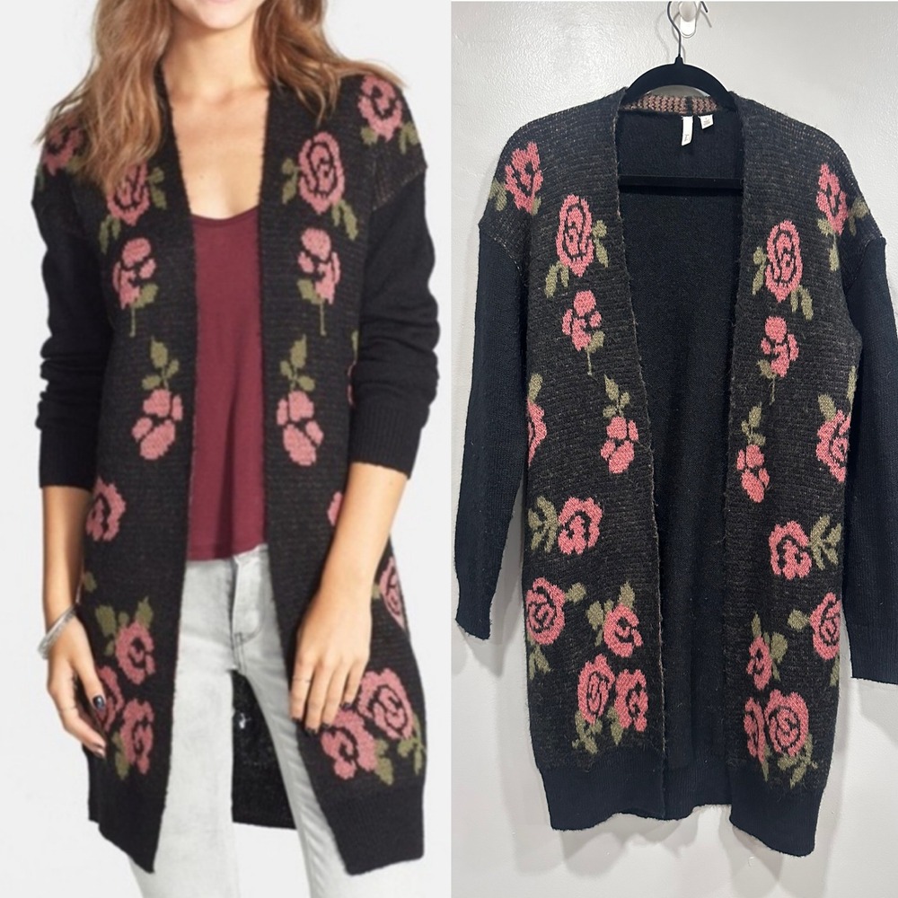 Frenchi Black Floral Knit Open Front Longline Cardigan‎ Angora Wool Size L